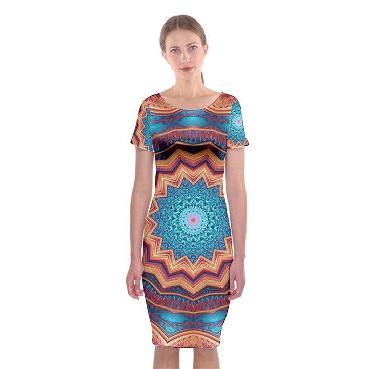 Blue Feather Mandala Classic Short Sleeve Midi Dress