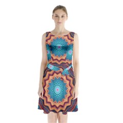 Blue Feather Mandala Sleeveless Waist Tie Chiffon Dress