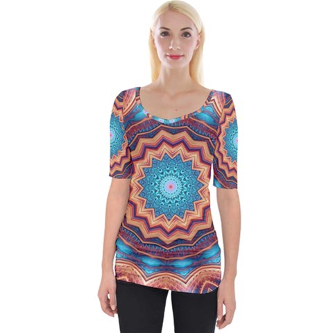 Blue Feather Mandala Wide Neckline Tee by designworld65