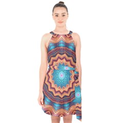 Blue Feather Mandala Halter Collar Waist Tie Chiffon Dress by designworld65