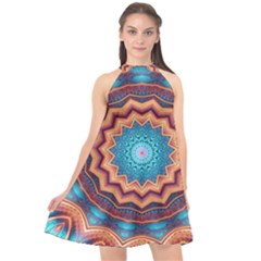 Blue Feather Mandala Halter Neckline Chiffon Dress  by designworld65