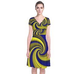 Blue Gold Dragon Spiral Short Sleeve Front Wrap Dress by designworld65