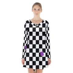 Dropout Purple Check Long Sleeve Velvet V-neck Dress