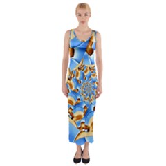 Gold Blue Bubbles Spiral Fitted Maxi Dress by designworld65