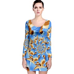 Gold Blue Bubbles Spiral Long Sleeve Velvet Bodycon Dress