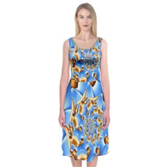 Gold Blue Bubbles Spiral Midi Sleeveless Dress by designworld65