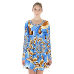 Gold Blue Bubbles Spiral Long Sleeve Velvet V-neck Dress