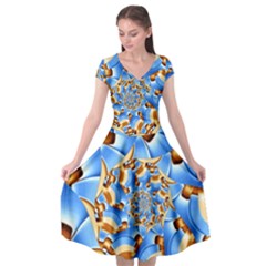 Gold Blue Bubbles Spiral Cap Sleeve Wrap Front Dress by designworld65