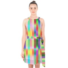 Multicolored Irritation Stripes Halter Collar Waist Tie Chiffon Dress