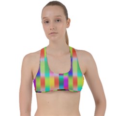 Multicolored Irritation Stripes Criss Cross Racerback Sports Bra by designworld65