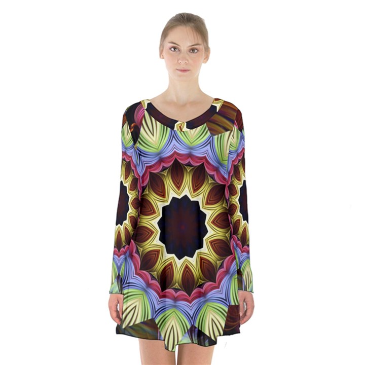 Love Energy Mandala Long Sleeve Velvet V-neck Dress