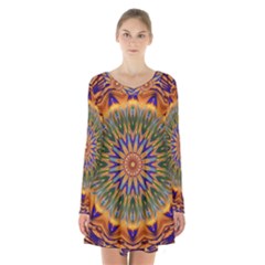 Powerful Mandala Long Sleeve Velvet V-neck Dress