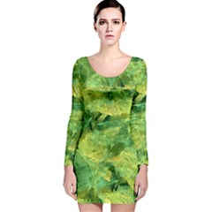 Green Springtime Leafs Long Sleeve Velvet Bodycon Dress