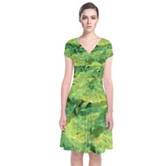 Green Springtime Leafs Short Sleeve Front Wrap Dress by designworld65