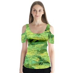 Green Springtime Leafs Butterfly Sleeve Cutout Tee 