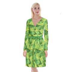 Green Springtime Leafs Long Sleeve Velvet Front Wrap Dress by designworld65