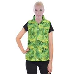 Green Springtime Leafs Women s Button Up Puffer Vest