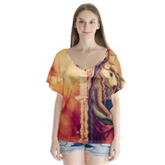 Fantasy Art Painting Magic Woman  V-neck Flutter Sleeve Top