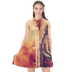 Fantasy Art Painting Magic Woman  Halter Neckline Chiffon Dress 