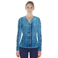 Denim Jeans Fabric Texture V-neck Long Sleeve Top