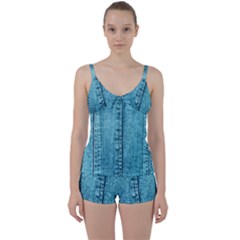 Denim Jeans Fabric Texture Tie Front Two Piece Tankini