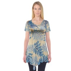 Fabric Embroidery Blue Texture Short Sleeve Tunic  by paulaoliveiradesign