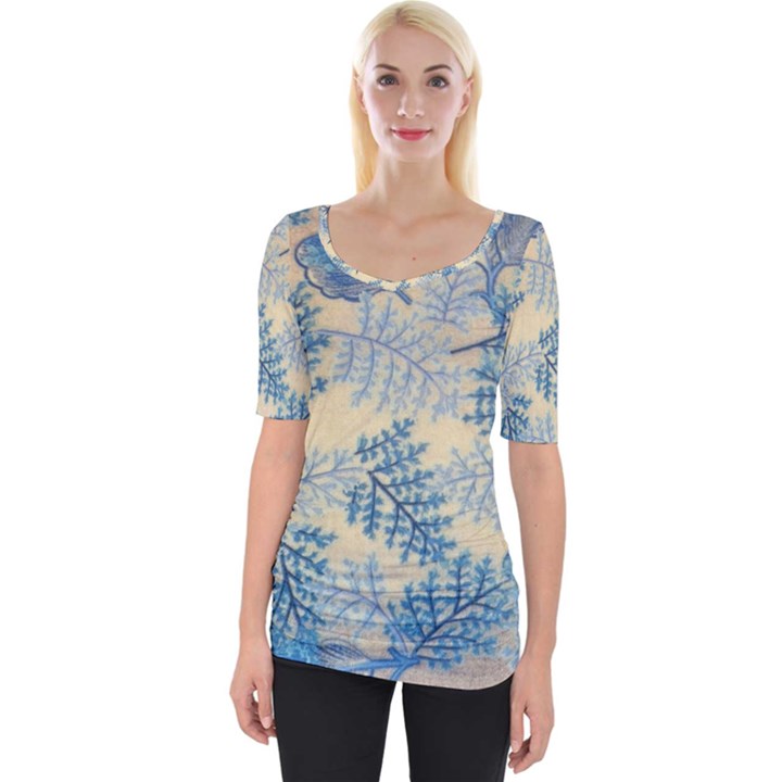 Fabric Embroidery Blue Texture Wide Neckline Tee