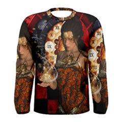 Steampunk, Beautiful Steampunk Lady With Clocks And Gears Men s Long Sleeve Tee by FantasyWorld7