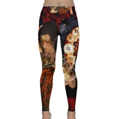 Steampunk, Beautiful Steampunk Lady With Clocks And Gears Classic Yoga Leggings by FantasyWorld7