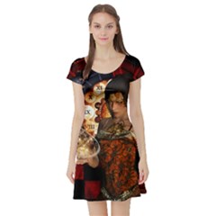 Steampunk, Beautiful Steampunk Lady With Clocks And Gears Short Sleeve Skater Dress by FantasyWorld7