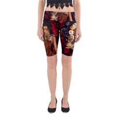 Steampunk, Beautiful Steampunk Lady With Clocks And Gears Yoga Cropped Leggings by FantasyWorld7