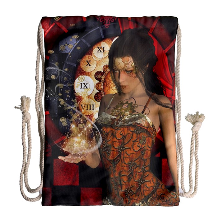 Steampunk, Beautiful Steampunk Lady With Clocks And Gears Drawstring Bag (Large)