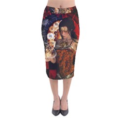 Steampunk, Beautiful Steampunk Lady With Clocks And Gears Velvet Midi Pencil Skirt by FantasyWorld7