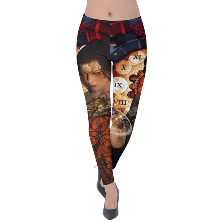 Steampunk, Beautiful Steampunk Lady With Clocks And Gears Velvet Leggings