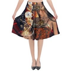 Steampunk, Beautiful Steampunk Lady With Clocks And Gears Flared Midi Skirt by FantasyWorld7