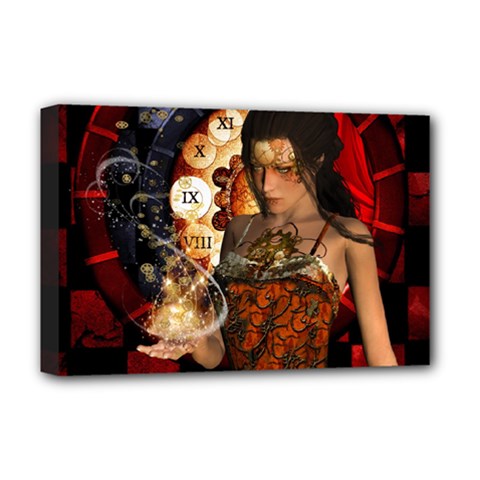 Steampunk, Beautiful Steampunk Lady With Clocks And Gears Deluxe Canvas 18  X 12   by FantasyWorld7