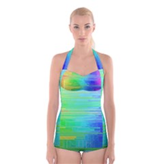 Colors Rainbow Pattern Boyleg Halter Swimsuit 