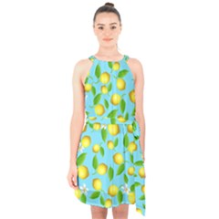 Lemon Pattern Halter Collar Waist Tie Chiffon Dress