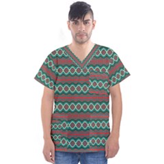 Ethnic Geometric Pattern Men s V-neck Scrub Top