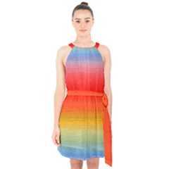 Ombre Halter Collar Waist Tie Chiffon Dress