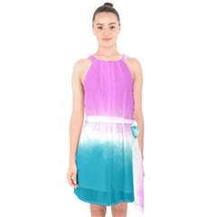 Ombre Halter Collar Waist Tie Chiffon Dress