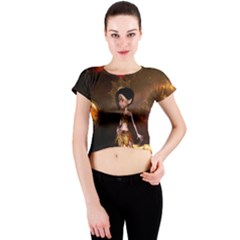 Steampunk, Cute Little Steampunk Girl In The Night With Clocks Crew Neck Crop Top by FantasyWorld7