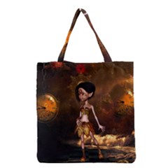 Steampunk, Cute Little Steampunk Girl In The Night With Clocks Grocery Tote Bag by FantasyWorld7