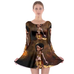 Steampunk, Cute Little Steampunk Girl In The Night With Clocks Long Sleeve Skater Dress by FantasyWorld7