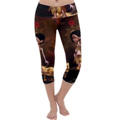 Steampunk, Cute Little Steampunk Girl In The Night With Clocks Capri Yoga Leggings by FantasyWorld7