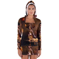 Steampunk, Cute Little Steampunk Girl In The Night With Clocks Long Sleeve Hooded T-shirt by FantasyWorld7