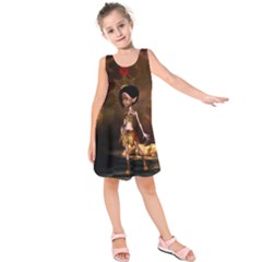 Steampunk, Cute Little Steampunk Girl In The Night With Clocks Kids  Sleeveless Dress by FantasyWorld7