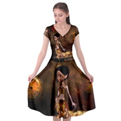 Steampunk, Cute Little Steampunk Girl In The Night With Clocks Cap Sleeve Wrap Front Dress by FantasyWorld7