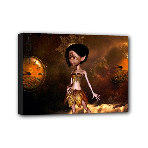 Steampunk, Cute Little Steampunk Girl In The Night With Clocks Mini Canvas 7  X 5  by FantasyWorld7