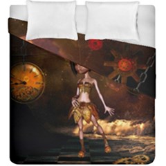 Steampunk, Cute Little Steampunk Girl In The Night With Clocks Duvet Cover Double Side (king Size) by FantasyWorld7